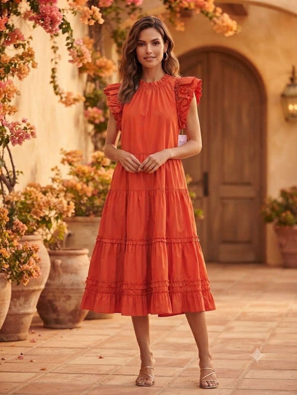 Ulla Johnson Ruffle Tiered Dress in Vibrant Orange-Red Size 6